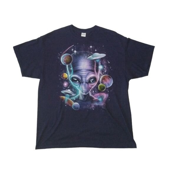 Gildan Purple Blue Unisex Crew Neck Space Alien Graphic Print T-Shirt Adult XL - Picture 1 of 8